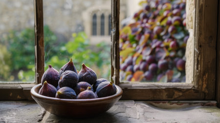Ripe figs in a bowl on a rustic windowsillの素材