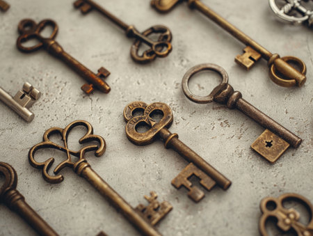 Vintage keys on a textured surfaceの素材