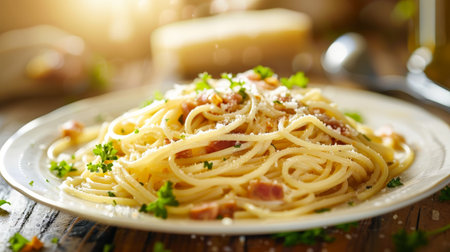 Delicious homemade spaghetti carbonara pasta dishの素材