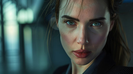 Pensive woman with striking blue eyesの素材