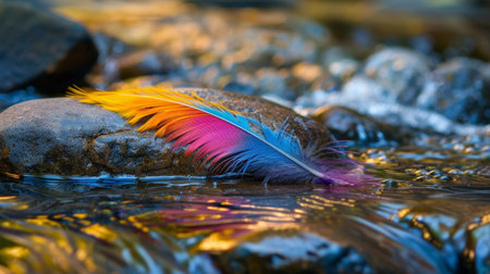 Colorful feather floating on waterの素材