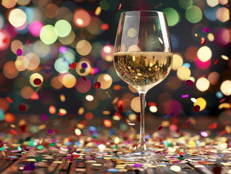 Sparkling wine glass with festive bokeh lightsの素材