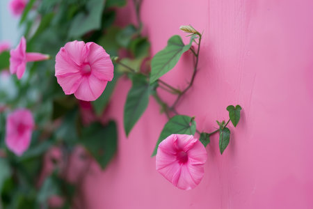 Vibrant pink hibiscus flowers against a pink wallの素材