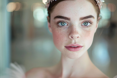 Closeup portrait of a young woman with freckles and blue eyesの素材
