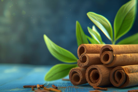 Cinnamon sticks and green leaves on a wooden tableの素材