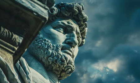 Dramatic stone sculpture with swirling hair and pensive expressionの素材