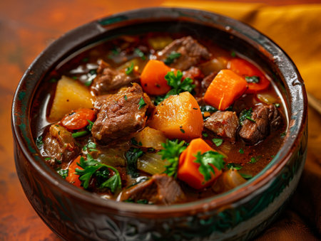 Hearty beef stew with vegetables in a bowlの素材
