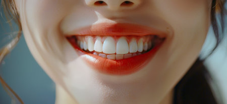 close-up of a woman's smiling face with bright red lipsの素材
