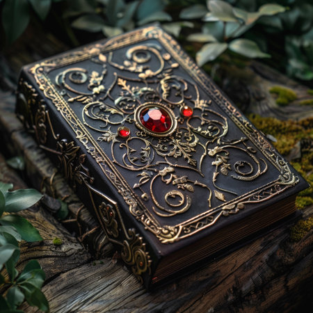 Ornate antique book with gemstone coverの素材