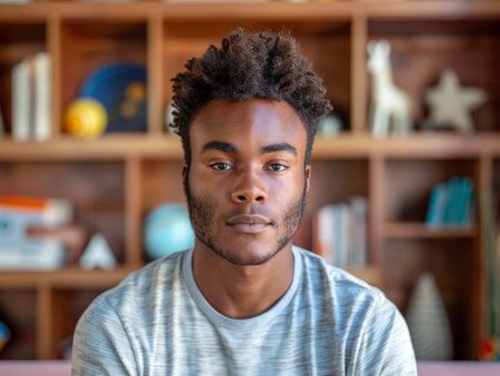 young man with curly hair in a bookshelf settingの素材