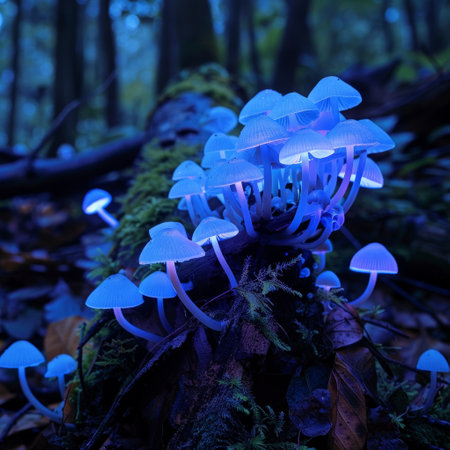 Glowing blue mushrooms in a dark forestの素材