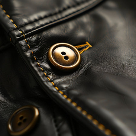close-up of black leather jacket with gold buttonsの素材