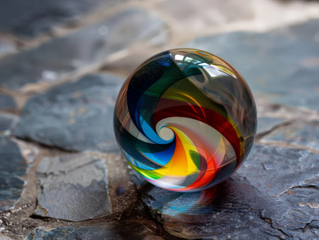 Colorful glass sphere on rocky surfaceの素材
