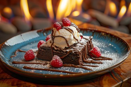 Decadent chocolate brownie dessert with whipped cream and raspberriesの素材