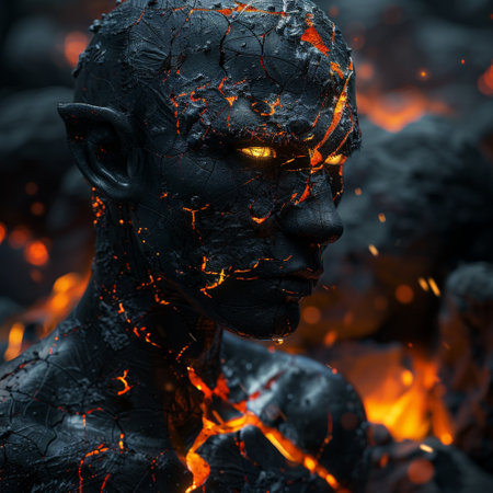 Fiery demonic creature emerging from the darknessの素材