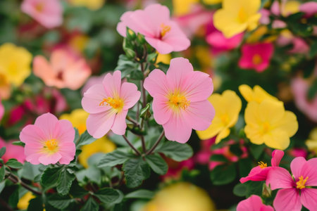 Vibrant pink and yellow flowers in bloomの素材