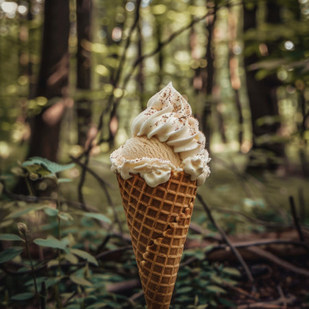Delicious ice cream cone in the forestの素材