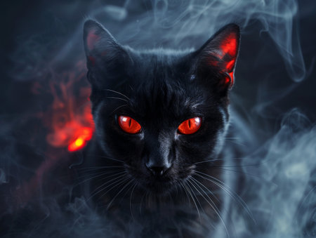 Sinister black cat with glowing red eyes in smoky atmosphereの素材