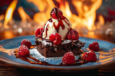 Delectable chocolate brownie dessert with raspberries and ice creamの素材