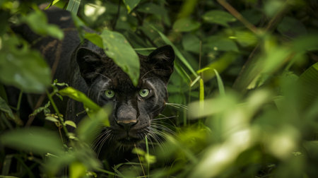 Mysterious black panther in lush green foliageの素材