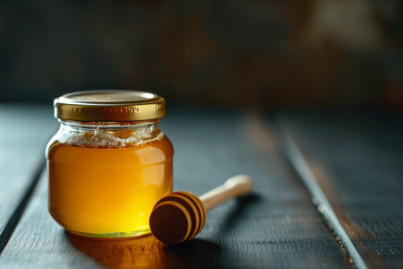 Honey jar with wooden dipper on wooden tableの素材