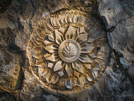 Intricate carved stone relief with floral designの素材