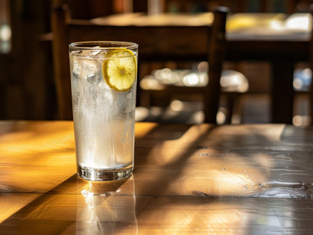 refreshing lemon soda drink on wooden tableの素材