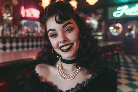 Smiling woman with retro hairstyle and makeupの素材