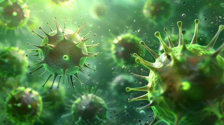 microscopic view of green virus cellsの素材