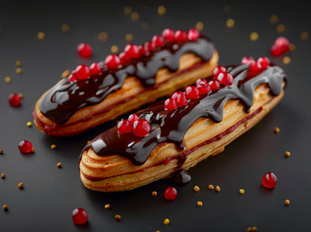 Decadent chocolate-covered pastry with pomegranate seedsの素材