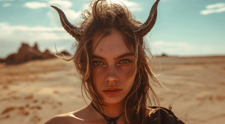 woman with horns in the desertの素材