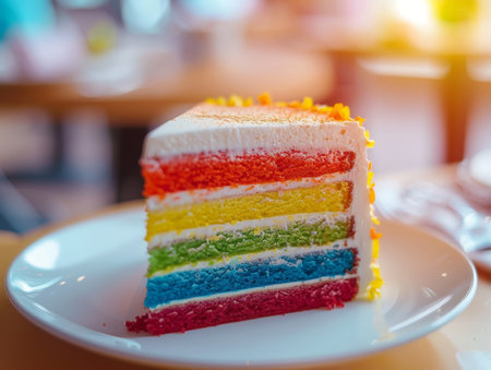 Colorful layered cake with vibrant rainbow frostingの素材