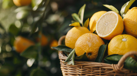 Fresh citrus fruits in a wicker basketの素材