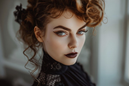Captivating portrait of a woman with striking makeup and curled hairの素材