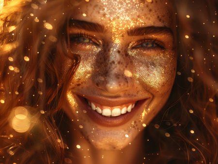 Sparkling golden face of a smiling womanの素材
