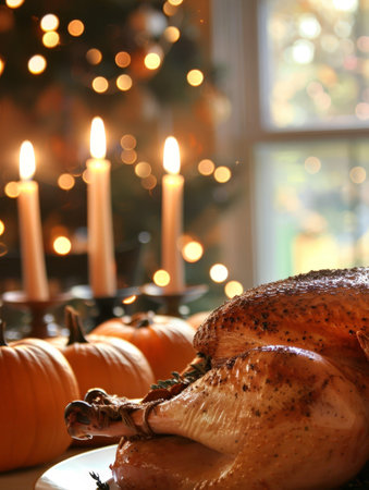 cozy holiday scene with roasted turkey, pumpkins, and candlesの素材