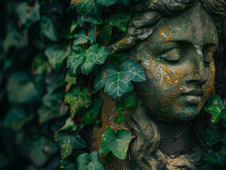 Weathered stone sculpture covered in ivyの素材