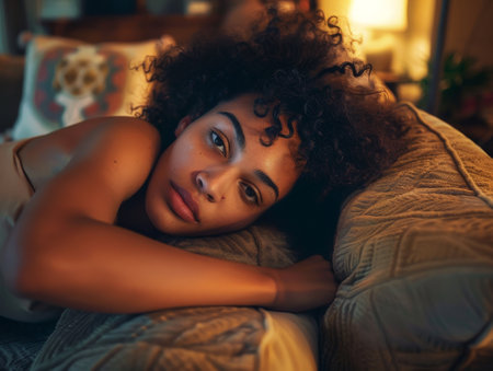 Thoughtful woman with curly hair resting on couchの素材