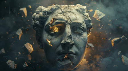 Cracked and weathered ancient stone face with golden highlightsの素材