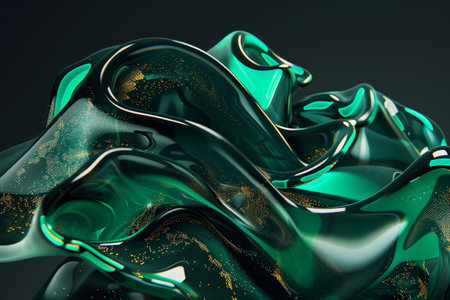 Vibrant abstract fluid art background with shimmering gold and green tonesの素材