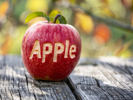 Ripe red apple with the word 'apple' carved into itの素材