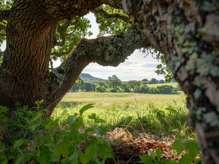 Scenic countryside landscape with old treeの素材