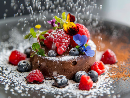 Delicious chocolate cake with fresh berries and edible flowersの素材