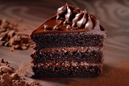 Delicious chocolate cake slice with rich frostingの素材