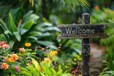 Welcoming garden sign surrounded by vibrant flowersの素材
