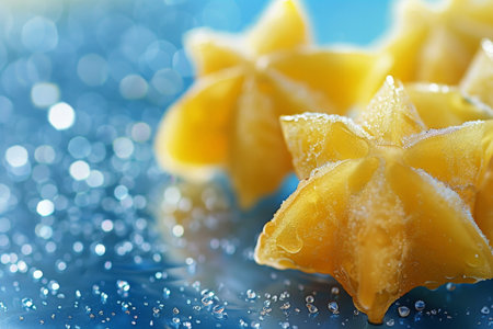 Juicy star fruit with water droplets on blue backgroundの素材