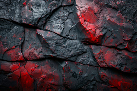 Dramatic volcanic rock formation with fiery red cracksの素材