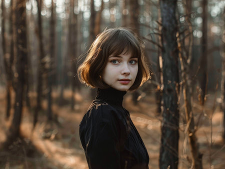 portrait of a young woman in a forestの素材