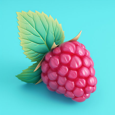 Vibrant pink raspberry fruit with green leavesの素材