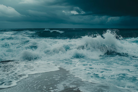 Stormy ocean waves crashing on the shoreの素材